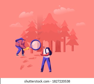 Tiny Male Investigators with Huge Magnifier Searching Fantasy Yeti in Forest with Foot Prints Trace on Ground. People Exploring Bigfoot Fairy Tale Character in Wood. Cartoon Vector Illustration