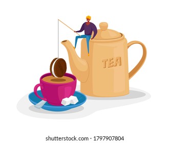 Tiny Male n Character Sitting on Huge Teapot Put Chocolate Cookie on Rod at Huge Cup with Tea, Sugar Cubes on Saucer. Hot Drink for Cold Season, Tea Drinking Concept. Cartoon Vector Illustration