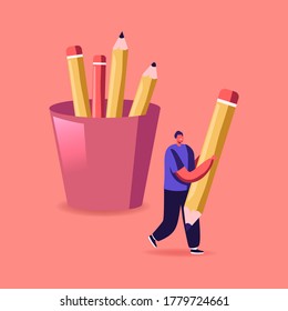 Tiny Male Pupil Character Hold Huge Pencil, Stationery Accessories and Supplies for College or University Studying, Student Education, Back to School, Learning Concept. Cartoon Vector Illustration