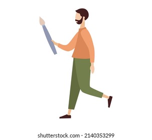 Tiny man artist. Painter with art brush. Vector flat illustration