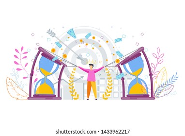 Tiny man bends a big hourglass. Flexible schedule concept. Time management to achieve results, victories in business. Trendy flat vector style.