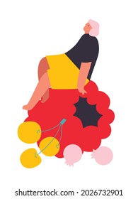 Pequeñas personas, bayas ilustran vectores. Elementos de la cosecha de verano. Pintura de frambuesa. Ilustración de caricatura de frutas planas.  Ilustración conceptual para comestibles, tiendas agrícolas, embalaje, publicidad