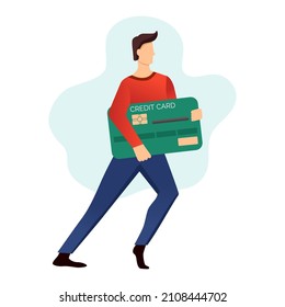 Tiny man with big credit card. Vector illustration of customer in cartoon trendy style on white background.