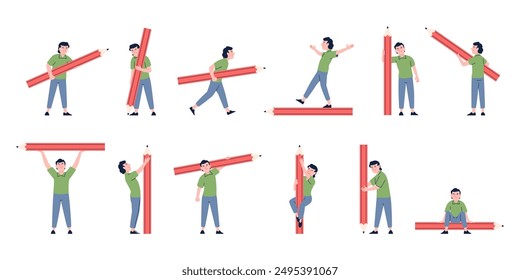 Tiny man with big pencil. Businessman writing drawing creating, signs document. Designer or writer, blogger painter. Recent vector creative character
