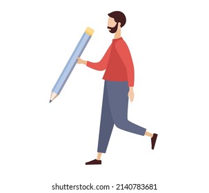 Tiny man or boy holding pensil. Search information, solution, analyze, write, journalist, blogger concept. Vector flat illustration