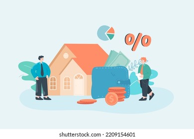 Tiny man buying house on mortgage flat vector illustration. Real estate agent and client making deal. Property, sale, loan, finance concept for banner, website design or landing web page