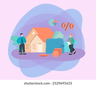 Homem minúsculo comprando casa na ilustração vetor plana hipoteca. Agente imobiliário e cliente fazendo negócios. Propriedade, venda, empréstimo, conceito financeiro para banner, design do site ou página de aterrissagem