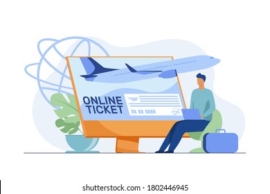 Tiny man buying ticket online via laptop. Monitor, plane, baggage flat vector illustration. Travelling and digital technology concept for banner, website design or landing web page