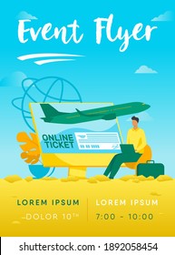 Tiny man buying ticket online via laptop. Monitor, plane, baggage flat vector illustration. Travelling and digital technology concept for banner, website design or landing web page