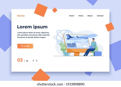 Tiny man buying ticket online via laptop. Monitor, plane, baggage flat vector illustration. Travelling and digital technology concept for banner, website design or landing web page