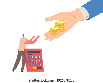 Tiny Man with Calculator Stretching Hands to Huge Palm Giving Gold Coins. Male Character Get Tax, Finance Help. Money Cash Saving, Financial Profit or Salary Wealth. Cartoon Vector People Illustration