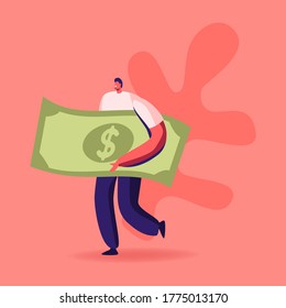 Tiny Man Carry Holding Huge Dollar Banknote Going to Buy Something. Male Character with Money Cash Financial Profit, Universal Basic Income, Earn Salary and Wealth Concept. Cartoon Vector Illustration