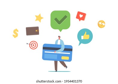 Tiny Man Carry Huge Card Got Good Credit Score Rate. Cashless Payment or Transfer Money. Banking Transaction. Male Character Using Bank Services for Shopping. Cartoon People Vector Illustration