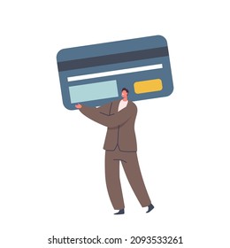 Tiny Man Carry Huge Card Got Good Credit Score Rate. Cashless Payment or Transfer Money. Banking Transaction. Male Character Using Bank Services for Shopping. Cartoon People Vector Illustration