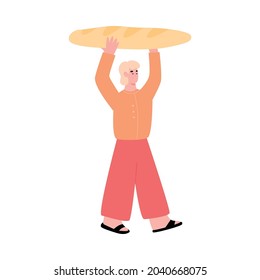Tiny man carrying huge bread for food donation, flat cartoon vector illustration isolated on white background. Charity, volunteering and food sharing event.