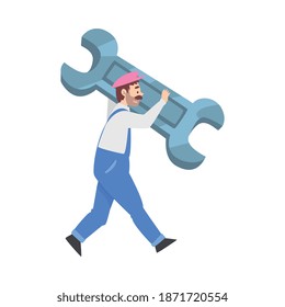 Tiny Man Carrying Huge Wrench, Plumber, Mechanic Character Cartoon Style Vector Illustration