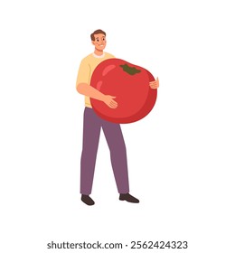 Tiny man carrying red ripe tomato vegetable food. Male with grocery product, little male with vegetarian healthy food. Young person with big tomato harvest, flat cartoon vector illustration