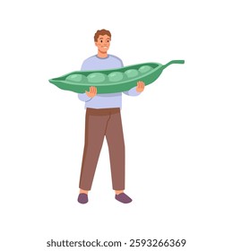 Tiny man carrying vegetable huge pea legume food. Person with grocery product, little male with vegetarian healthy food. Young male with big pea harvest, flat cartoon vector illustration