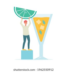 Tiny man cartoon character making refreshing summer cocktail with lime, flat vector illustration isolated on white background. Little bartender cartoon character.