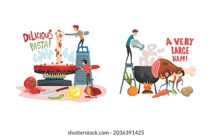 Pasta de cocción de personajes pequeños en el juego de vectores de enrollado y pan de fritura