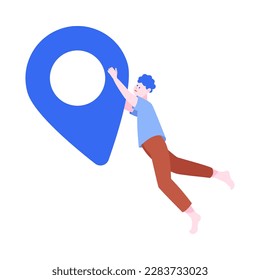 Tiny Man Character Hanging on Huge Blue Destination Point Vector Illustration