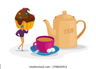 Tiny Man Character Hold Cupcake with Chocolate Topping and Sprinkles Stand at Huge Cup with Tea, Sugar Cubes and Teapot. Hot Drink for Cold Season, Tea Drinking Concept. Cartoon Vector Illustration