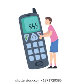 Tiny Man Character Holding Huge Mobile Phone Cartoon Style Vector Illustration
