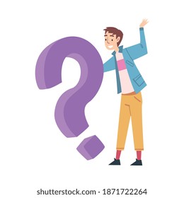 Tiny Man Character Holding Huge Question Sign, Cartoon Style Vector Illustration