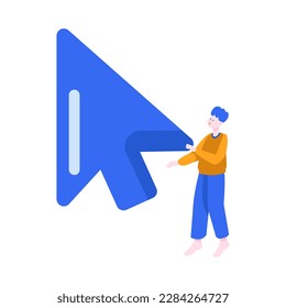 Tiny Man Character at Huge Blue Computer Web Cursor Vector Illustration