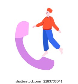 Tiny Man Character with Huge Phone Receiver Vector Illustration