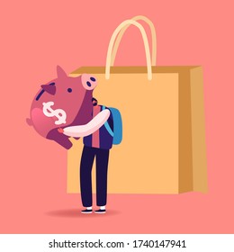 Tiny Man Character Hugging Huge Piggy Bank Stand at Shopping Paper Bag. Saving Finance Budget and Collect Money in Thrift-box, Consumption Reducing, Open Bank Deposit. Cartoon Vector Illustration
