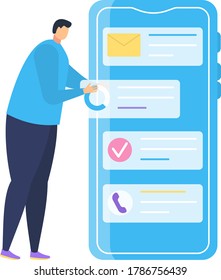 Tiny man character mobile phone application, male stand smartphone infographics isolated on white, flat vector illustration. Info industry work, professional business task manager, company coach data.