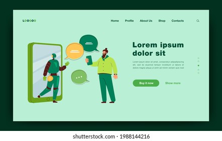 Tiny man chatting online with AI assistant flat vector illustration. Cartoon customer getting virtual support from chatbot. Digital technology conversation and social media concept