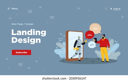 Pequeño hombre charlando en línea con un asistente de IA ilustración de vector plana. Cliente de caricatura que recibe soporte virtual de chatbot. Conversación de tecnología digital y concepto de medios sociales
