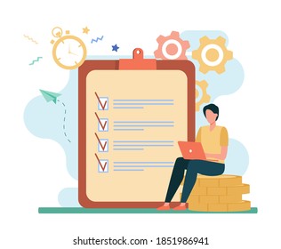Tiny man checking to do list via laptop. Clock, coin, work flat vector illustration. Time management and business concept for banner, website design or landing web page
