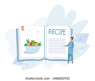 Tiny Man Chef Character in Uniform Presenting Stewed Vegetables Dish or Salad from Fresh Ingredients Recipe in Huge Cook Book. Empty Space on Pages for Notices. Vector Flat Cartoon Illustration