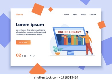Tiny man choosing book in online library. Screen, internet, network flat vector illustration. Digital technology and education concept for banner, website design or landing web page