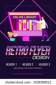Pequeño hombre eligiendo libro en la biblioteca en línea. Pantalla, Internet, ilustración de vector plano de red. Tecnología digital y concepto de educación para banner, diseño de sitios web o página web de aterrizaje