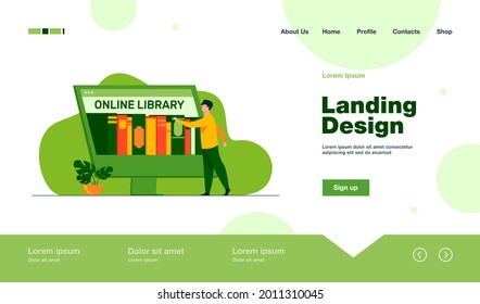 Tiny man choosing book in online library. Screen, internet, network flat vector illustration. Digital technology and education concept for banner, website design or landing web page