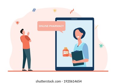 Pequeño hombre consultando en línea sobre medicamentos médicos. Comprimido, prescripción, doctor ilustración vectorial plana. Concepto de farmacia y medicina en línea para banner, diseño de sitios web o página web de aterrizaje