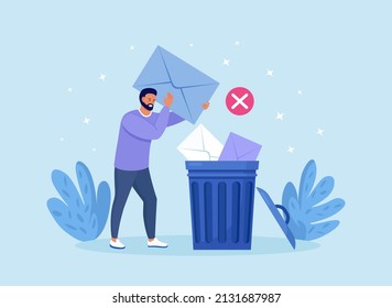 Tiny Man Deleting Data And Move Unnecessary Files To Trash Bin. Cleaning Digital Memory, Cleaning E-mail, Remove Spam. Guy Holding Envelope With Letter Or Message. User Deleting Email To Waste Bin