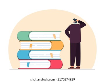 Tiny Man In Doubt Standing Near Giant Stack Of Books. Male Employee Thinking About Learning Problems Flat Vector Illustration. Education, Career Concept For Banner, Website Design Or Landing Web Page