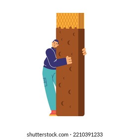 Tiny man embracing wafel chocolate snack bar, flat cartoon vector illustration isolated on white background. Snacks and appetizers between meals food.
