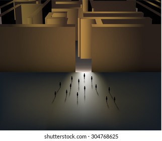 Tiny man entering a mysterious maze