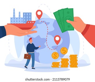 Tiny man exchanging goods into cash flat vector illustration. Huge hands with holding ship and banknotes as symbol of export and import, international purchases, economy. Trade, global market concept