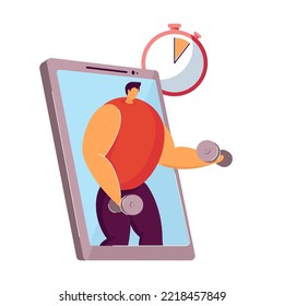 Tiny Man Exercising On Treadmill. Phone With Fitness App, Female Character Training, Heart Pulse, Virtual Coach Flat Vector Illustration