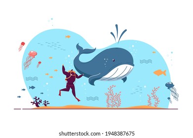 Tiny man exploring marine wildlife. Diver, whale, sea or ocean fishes flat vector illustration. Aquarium, tropical, marine fauna exploration concept for banner, website design or landing web page