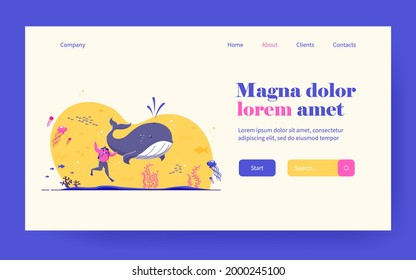 Tiny man exploring marine wildlife. Diver, whale, sea or ocean fishes flat vector illustration. Aquarium, tropical, marine fauna exploration concept for banner, website design or landing web page