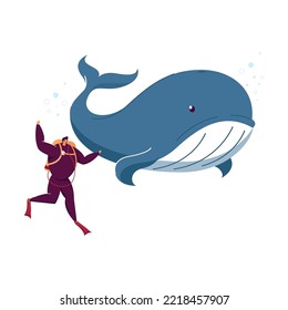 Tiny man exploring marine wildlife. Diver, whale, sea or ocean fishes flat vector illustration. Aquarium, tropical, marine fauna exploration concept for banner, website design