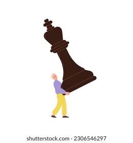 Tiny man flat cartoon character playing chess carrying giant king figure isolated on white